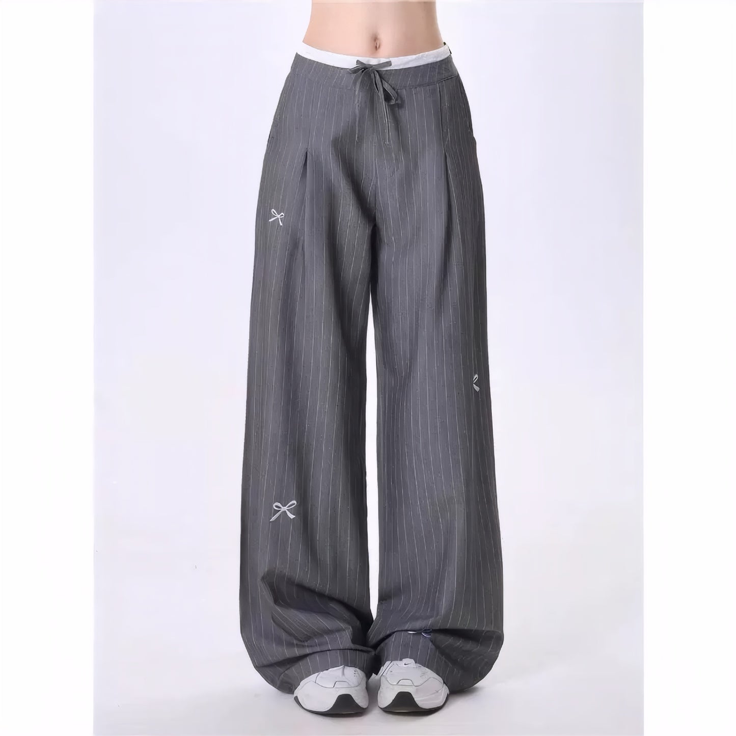 Women's Bow Casual High Waist Straight Gray Pants