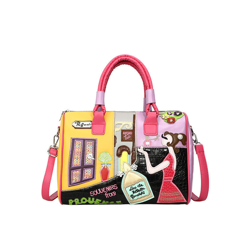 Retro Large Capacity Portable Boston Niche Embroidered Patch Crossbody Bags