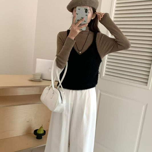 Korean Style Fashion Imitation Mink Simple Bandage Dress Knitted Women's Vest