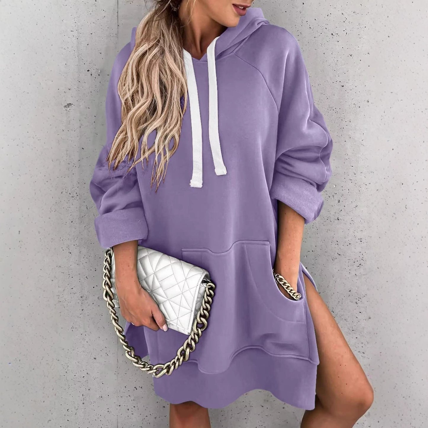 Women's Solid Color Casual Hooded Mouse Bag Rope Brushed Women's Sweater, Sweater