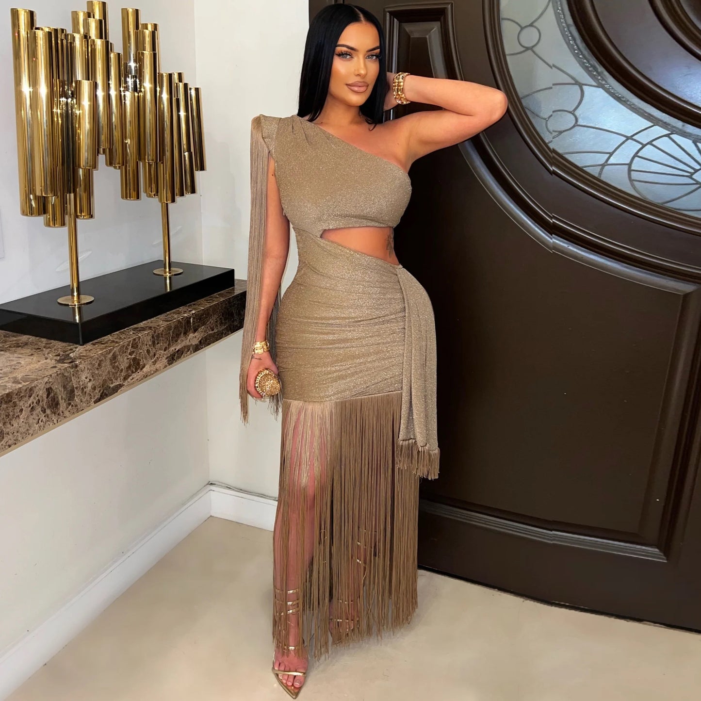 Charming Asymmetric Shoulder Tassel Maxi Dress Dresses