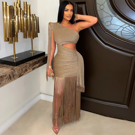 Charming Asymmetric Shoulder Tassel Maxi Dress Dresses