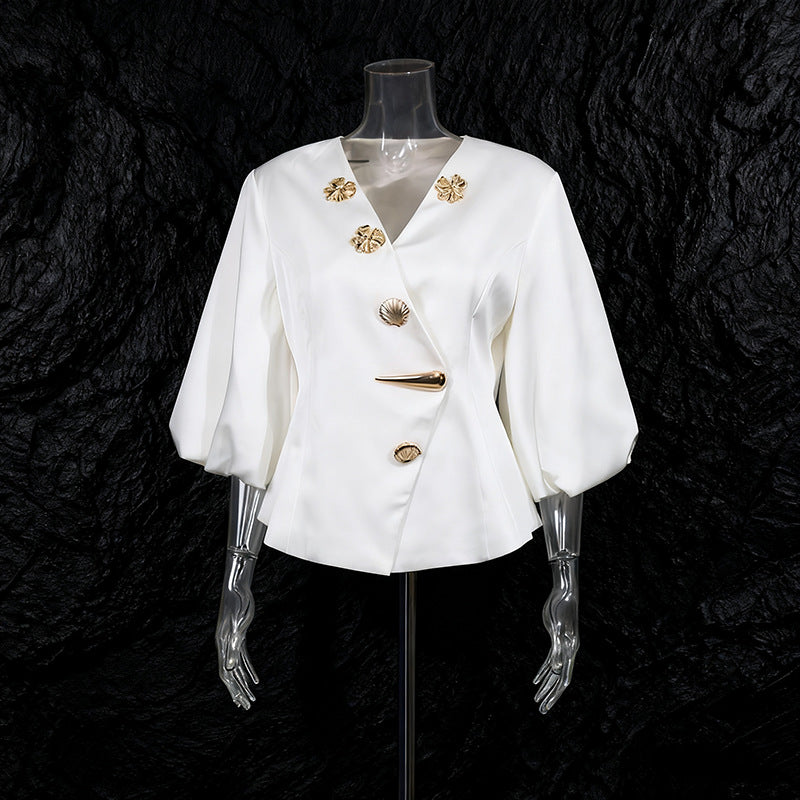 Women's Fresh Sweet Elegant Style Fashionable Metal Button Stitching Puff Blouses