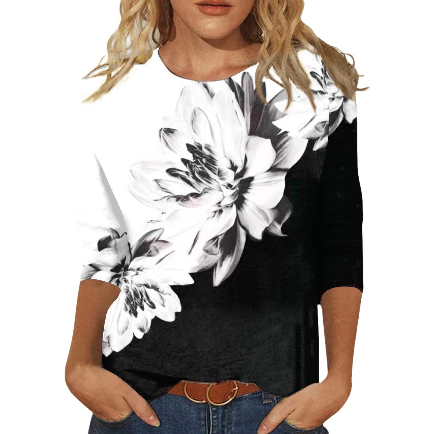 Women's Round Neck Printed Solid Color Three-quarter Women's T-shirt