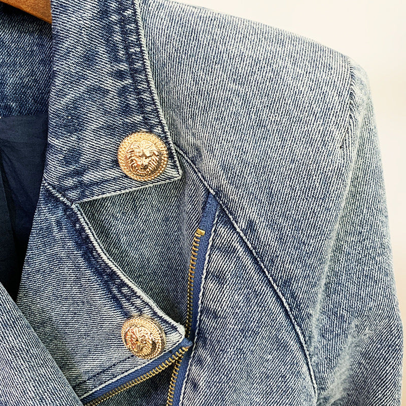 Women's Lion Buckle Double Zipper Washed Denim Jackets