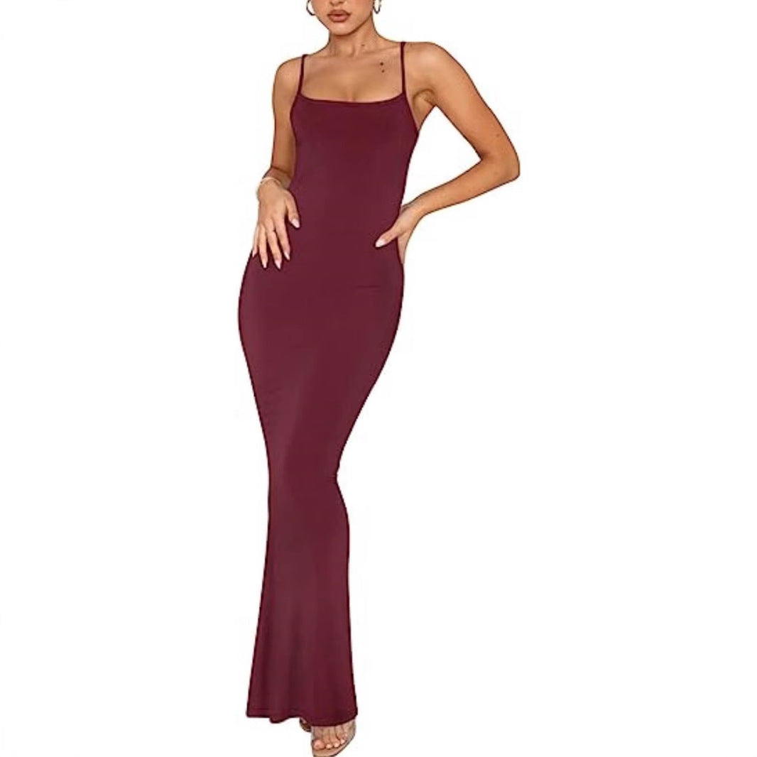 Women's Summer Solid Color Sling Casual Bottoming Rest Sexy Long Dress
