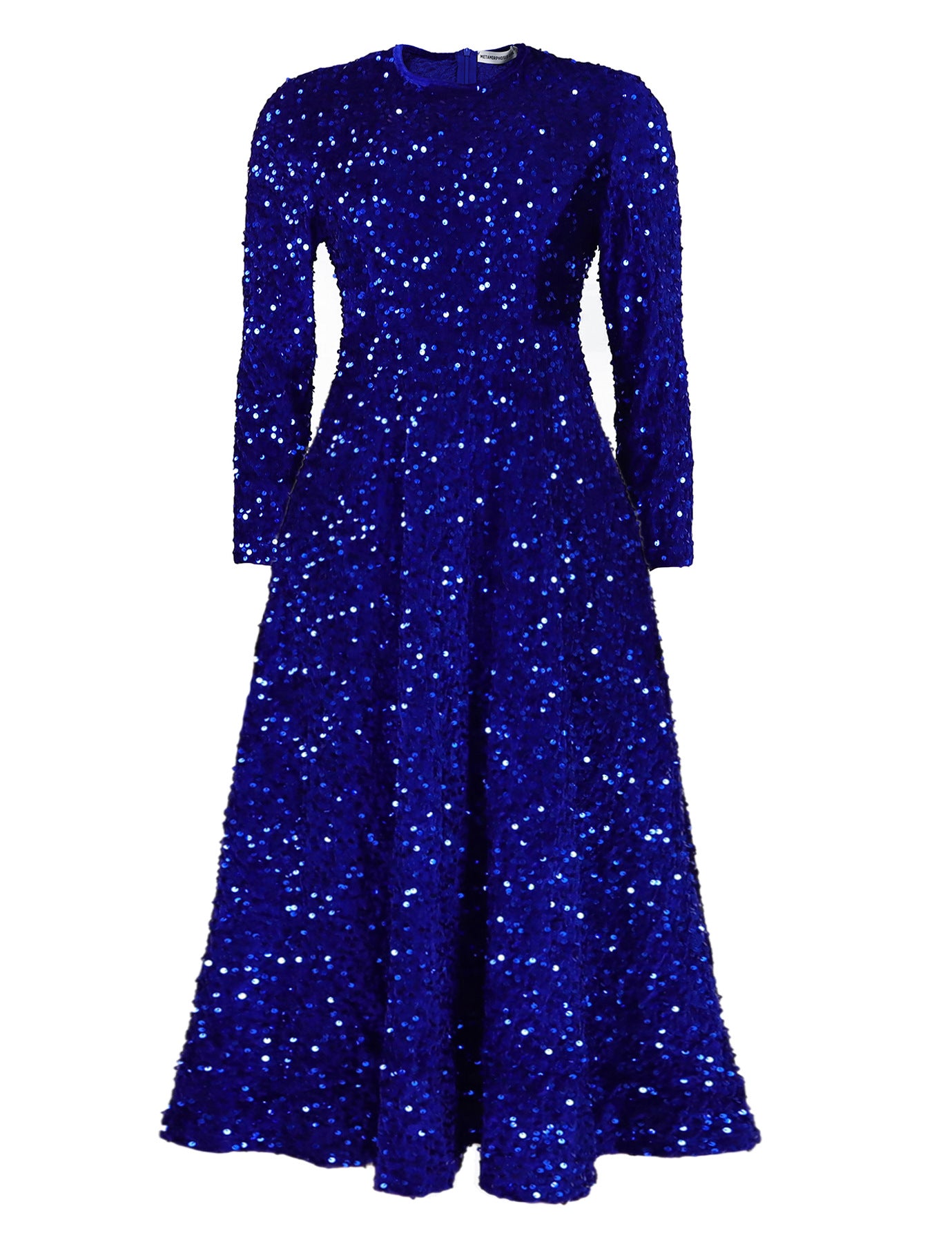 Women's Neck Long Sleeve Pure Color Sequins High Waist Temperament Mid-length Dress