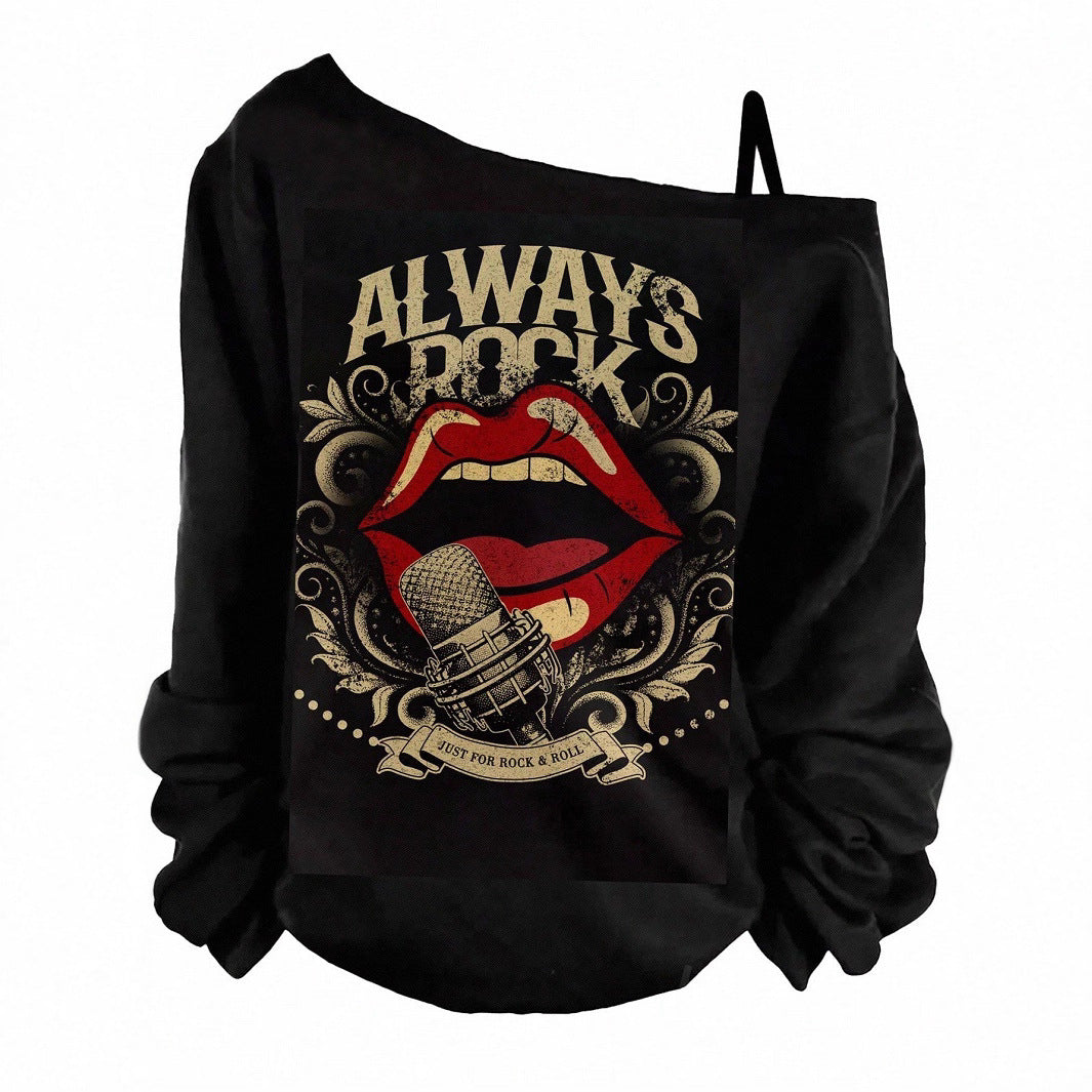 Women's Sling Solid Color Printing Long Sleeve Trendy Women's T-shirt
