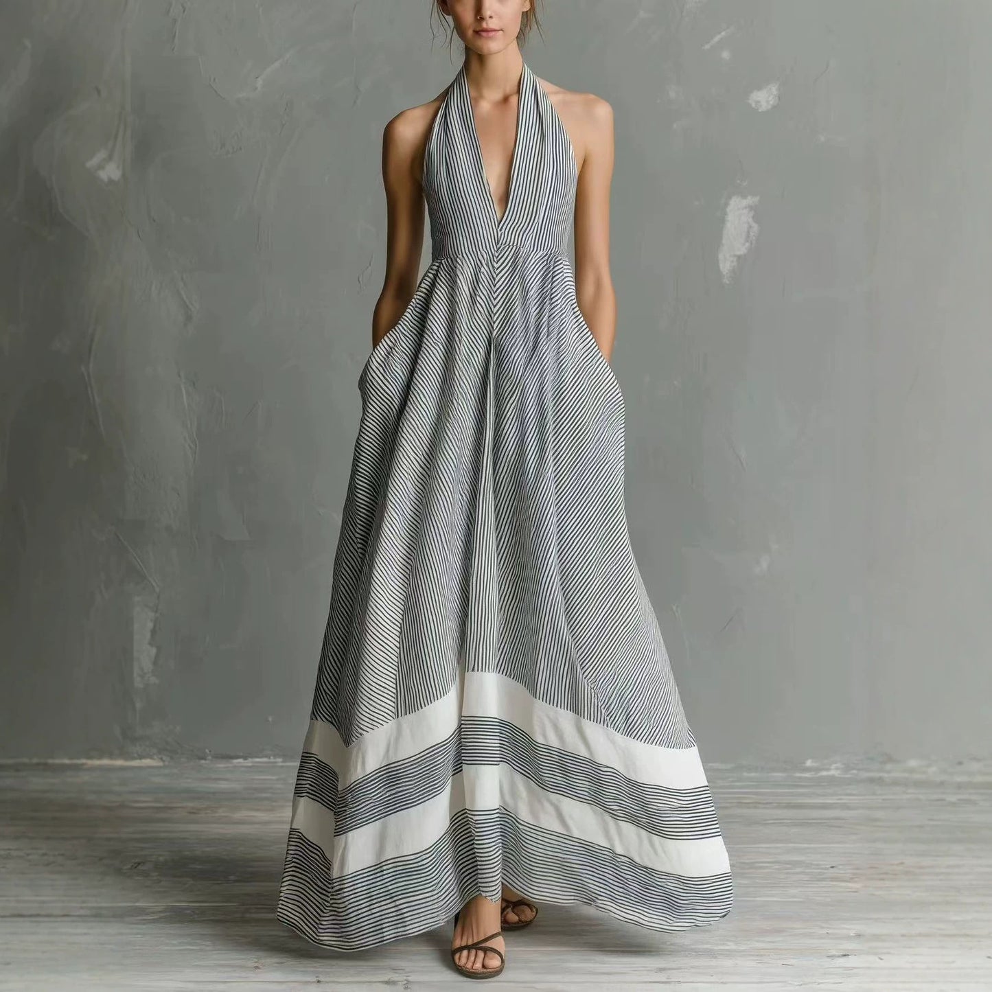 Women's Halter French Style Striped Summer Vacation Large Dress