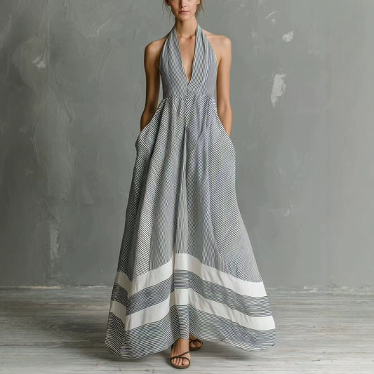 Women's Halter French Style Striped Summer Vacation Large Dress