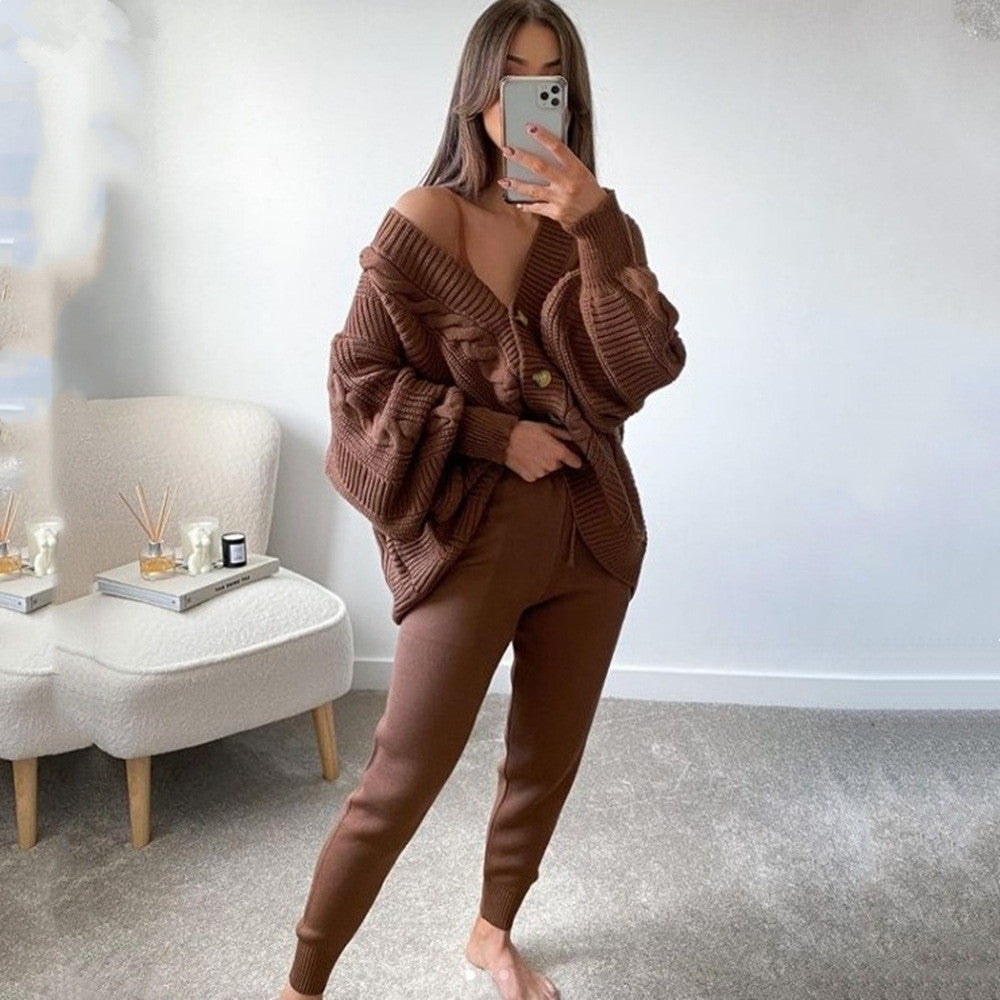 Women's Fashion Solid Color Buttons Thickened Set Suits