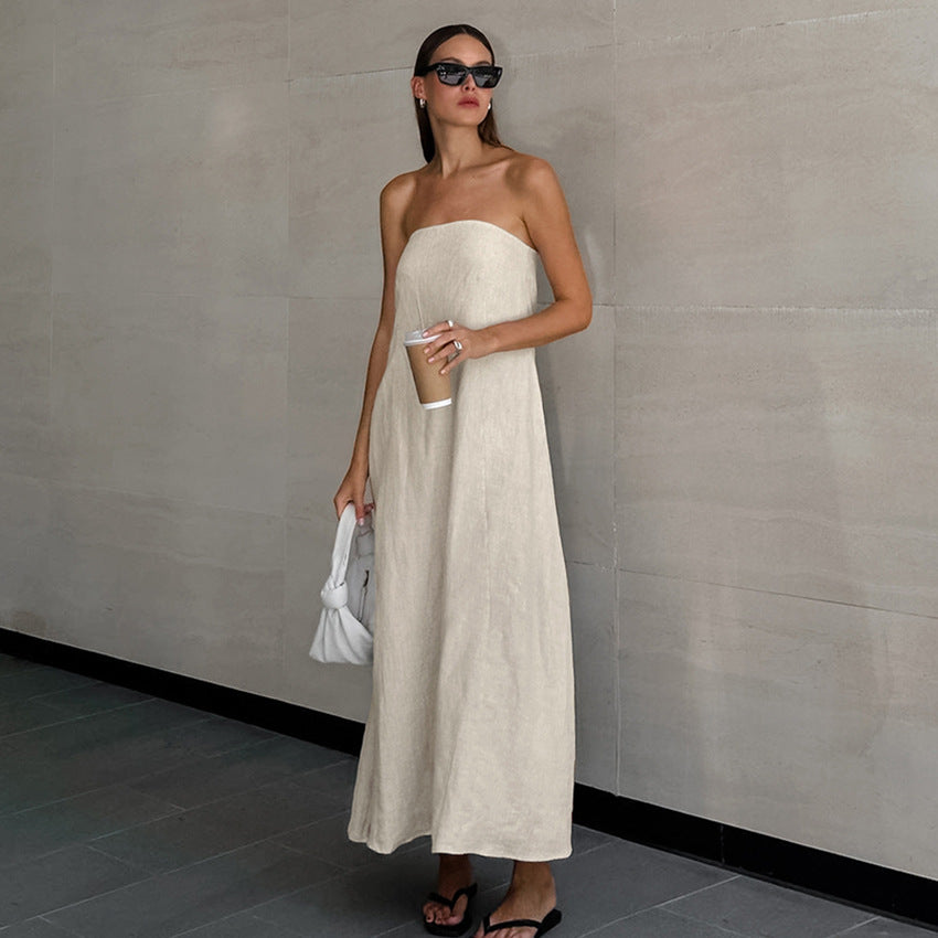 Women's Linen Tube Dress Vacation Casual Ramie Dresses