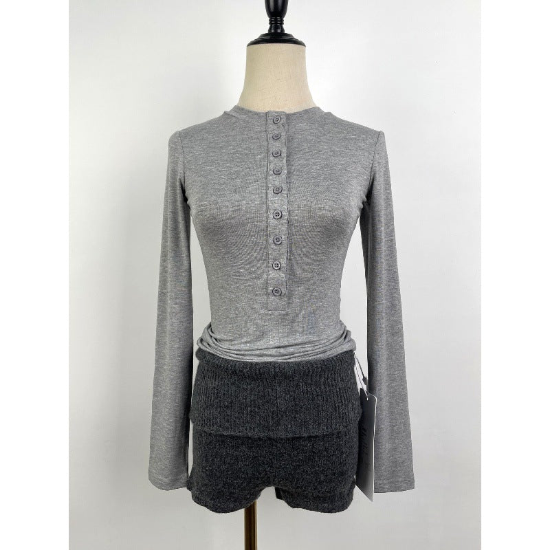 Women's Spring Hot Henley Shirt Sexy Slimming Long-sleeved T-shirt Blouses