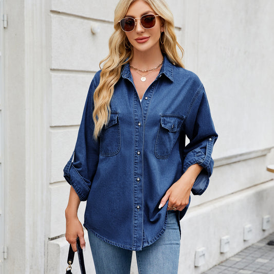 Women's Washed Adjustable Sleeve Denim Shirt Loose Blouses