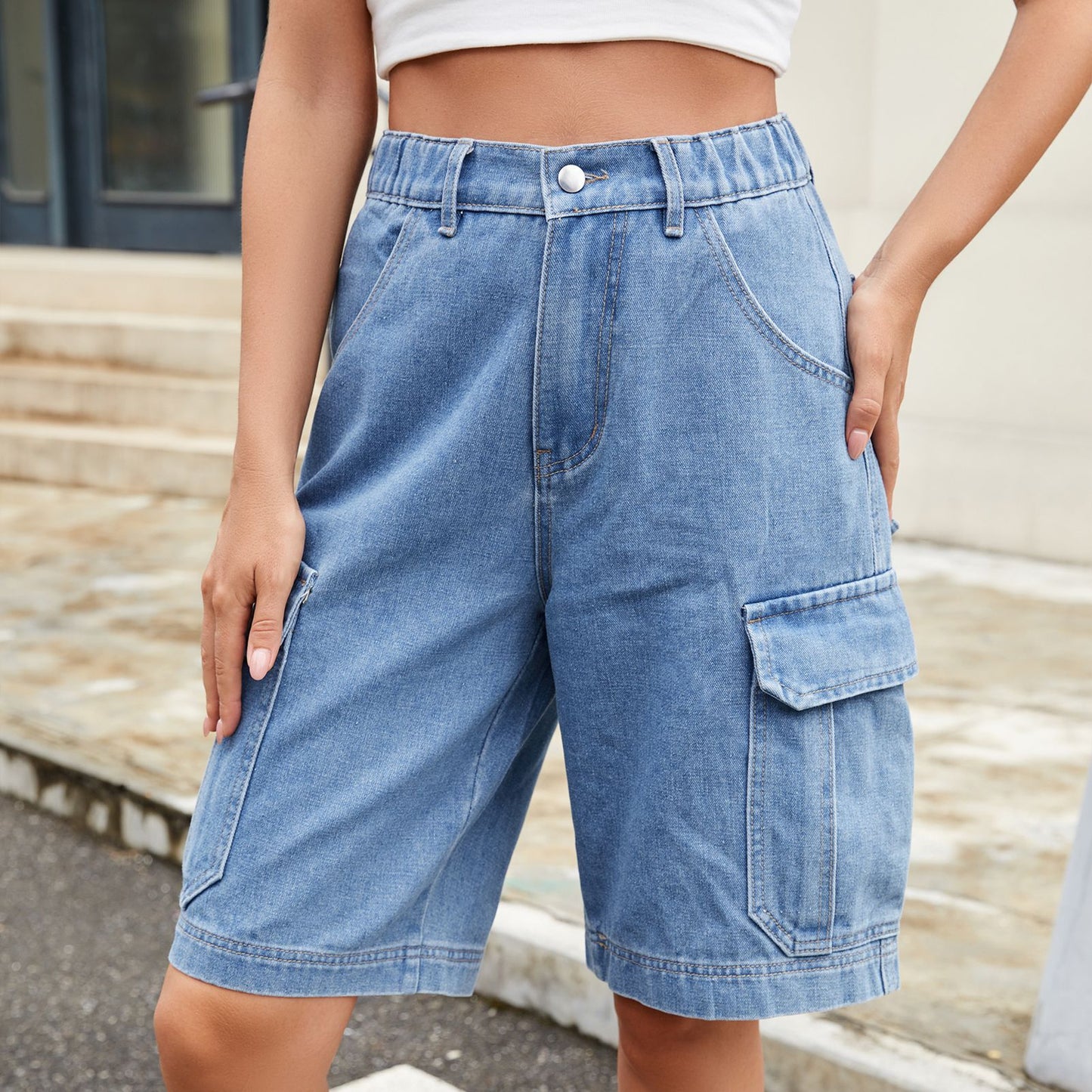 Women's Summer Elastic Waist Denim Cargo Trendy Women's Jeans