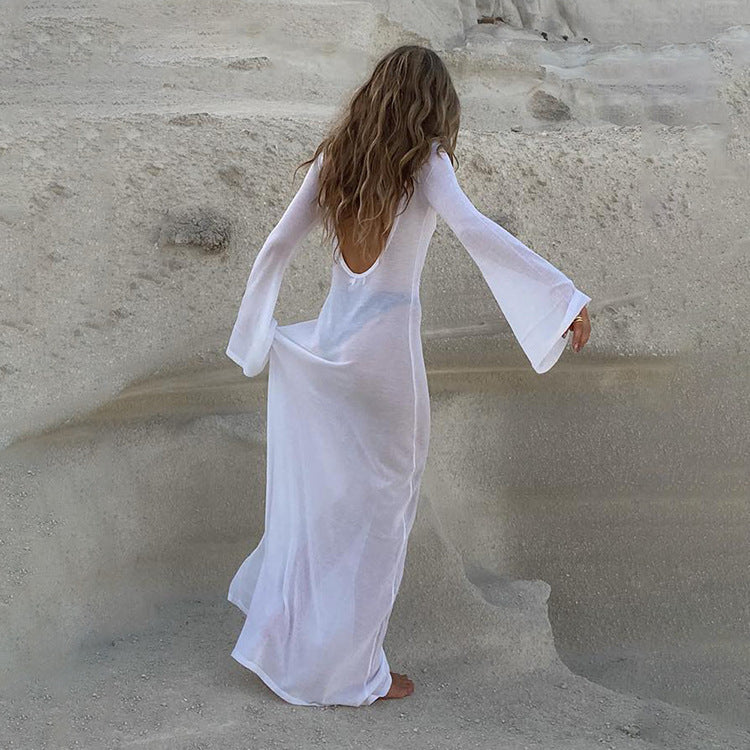Women's Summer Beach Sexy Bare Back Long Sleeve Dresses