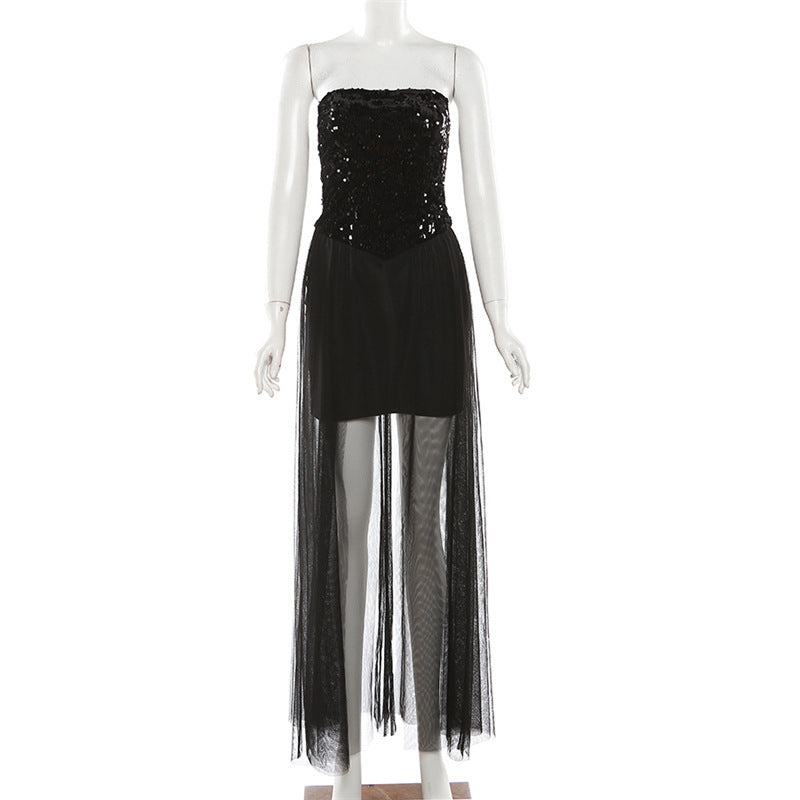 Women's Tube Sequined Mesh Stitching High Waist Dresses
