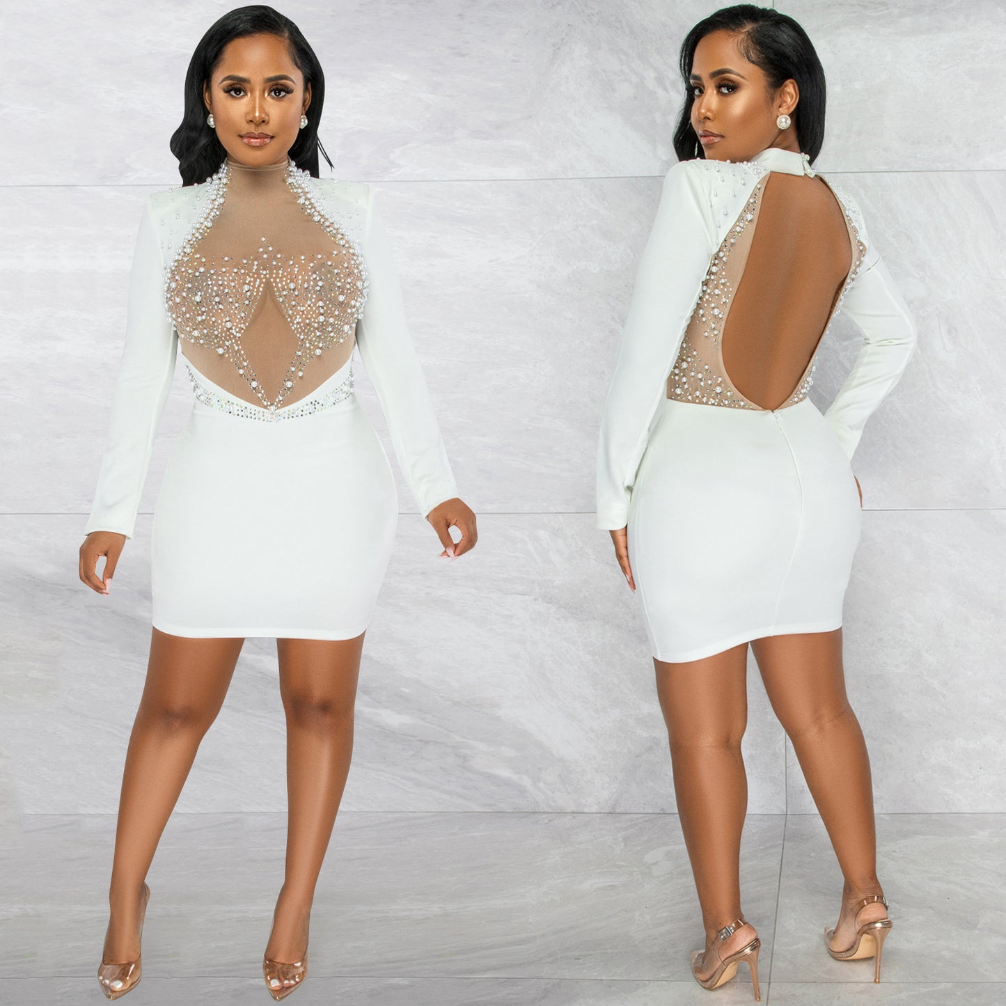 Women's Fashion Sexy Nightclub Hot Rhinestone Mesh Dresses