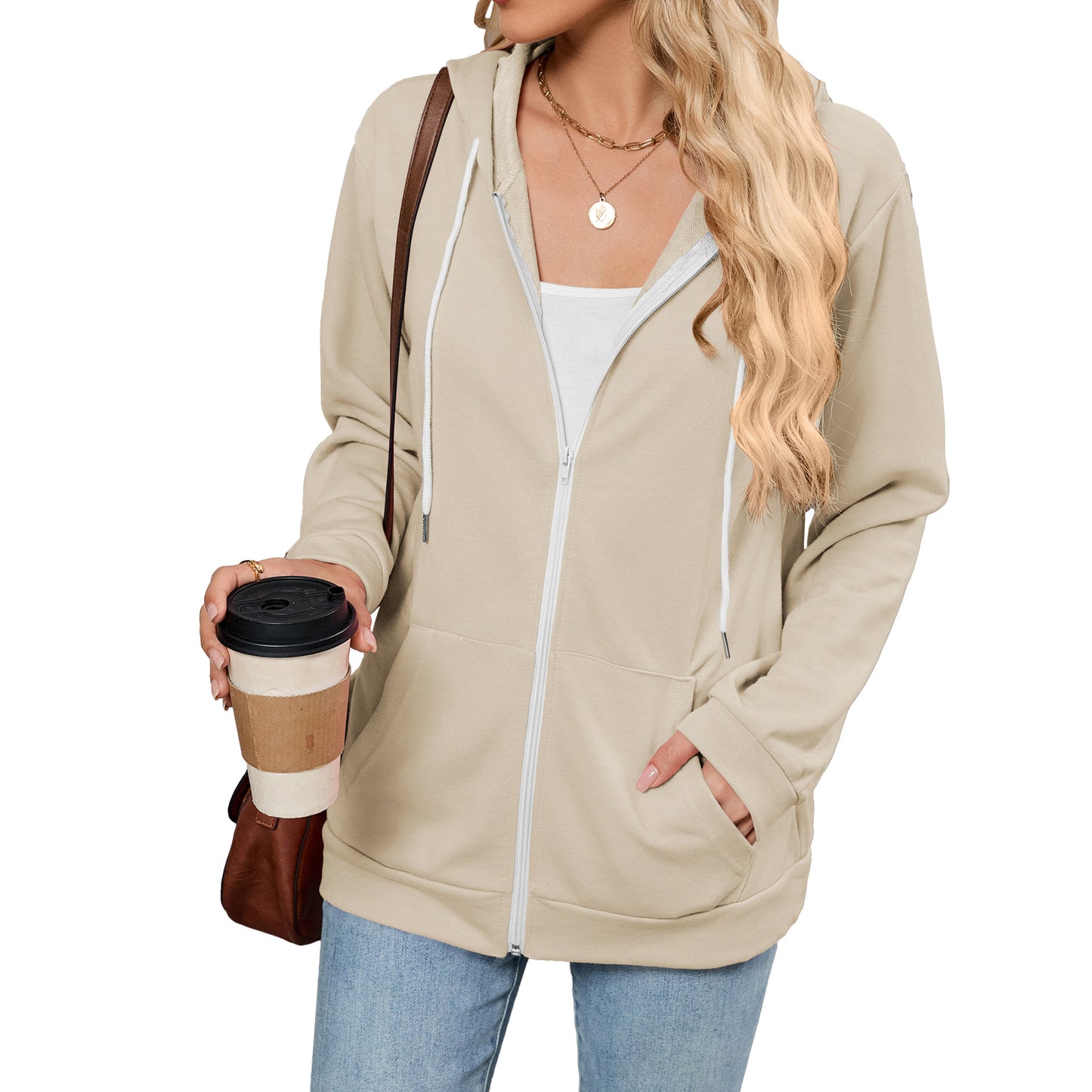 Women's Color Zipper Hooded Pocket Long Sleeve Tops
