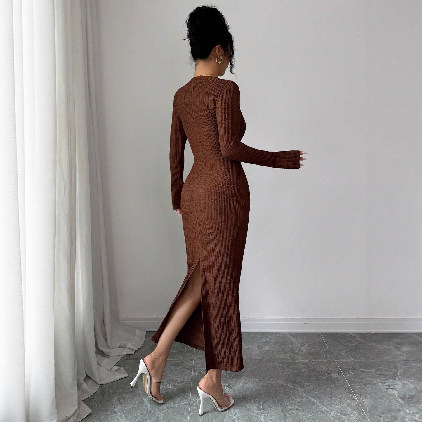 Women's Collar Knitted Texture Solid Color Slim Dresses