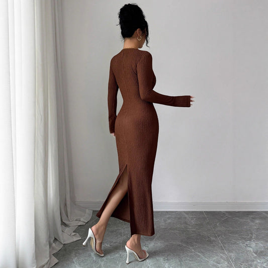 Women's Collar Knitted Texture Solid Color Slim Dresses