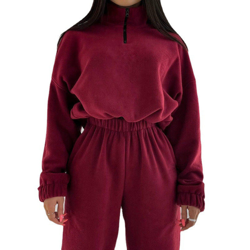 Women's Solid Color Loose Zip Stand Collar Suits