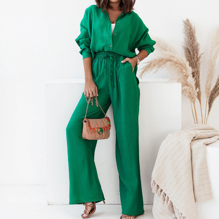 Women's Pure Color Lapel Shirt High Waist Trousers Two-piece Fashion Casual Suit