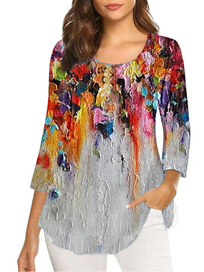 Autumn Three-quarter Sleeve Round Neck Printed Mid-length Bottoming Tops