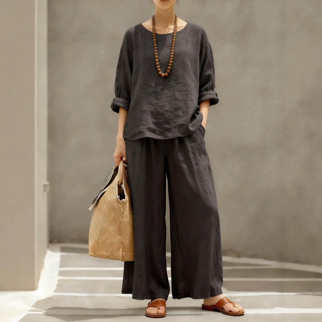 Women's Loose Outfit Cotton Linen Shirt Two-piece Suits