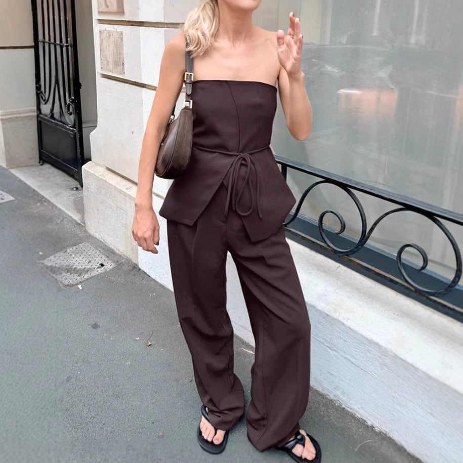 Women's Brown Tube Wide Leg Two-piece Summer Suits