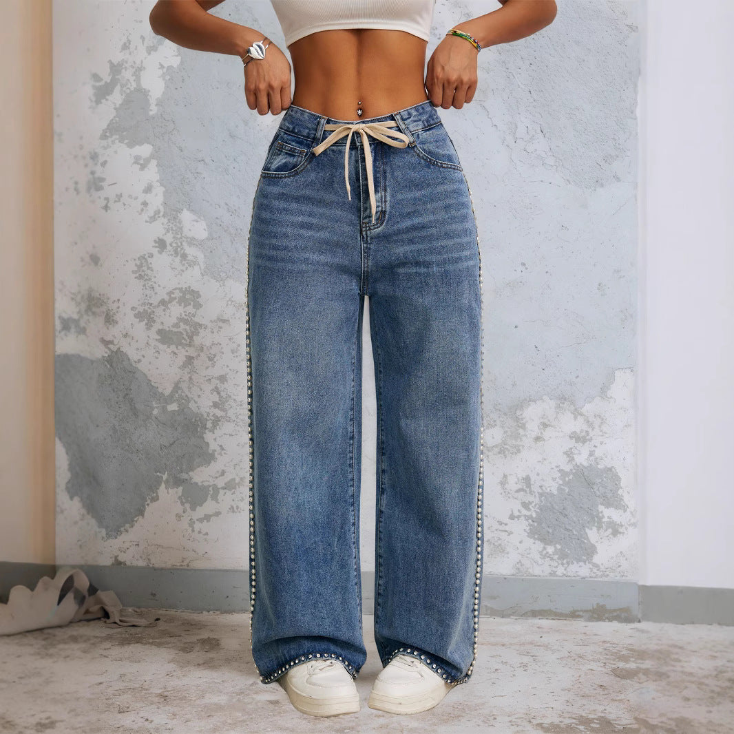 Women's Retro Wide Leg Washed Beaded Drawstring Jeans