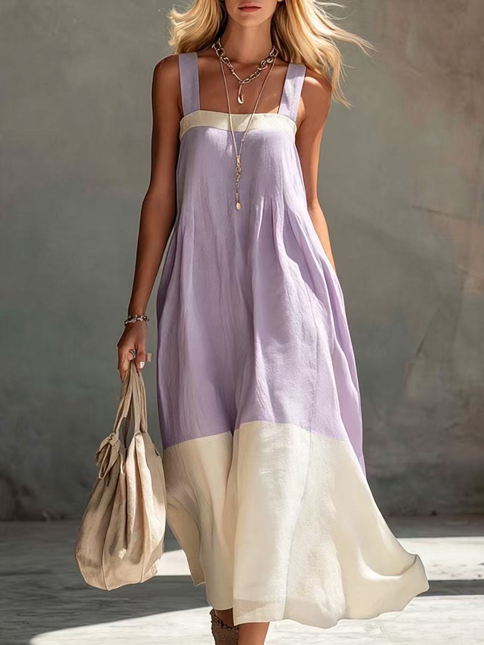 Women's Color Contrast Patchwork Temperament Camisole Long Dress