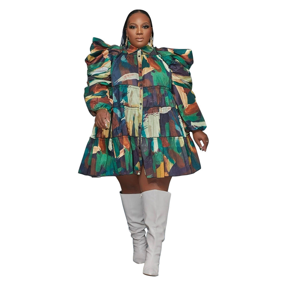 Women's Fashion Printed Ruffled Button Dress Shirt Dresses