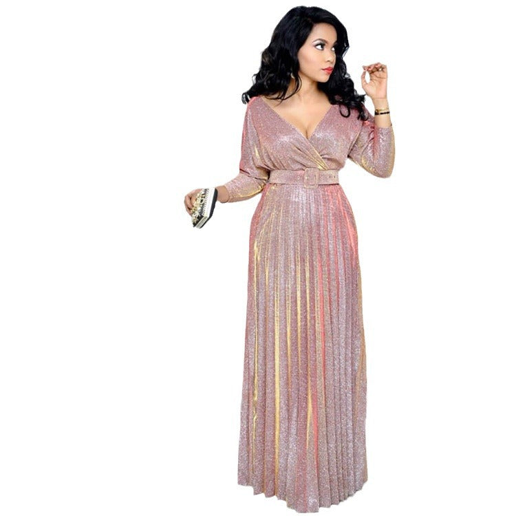 Women's African Wear Fashion Long Sleeve Bronzing Pleated Skirts