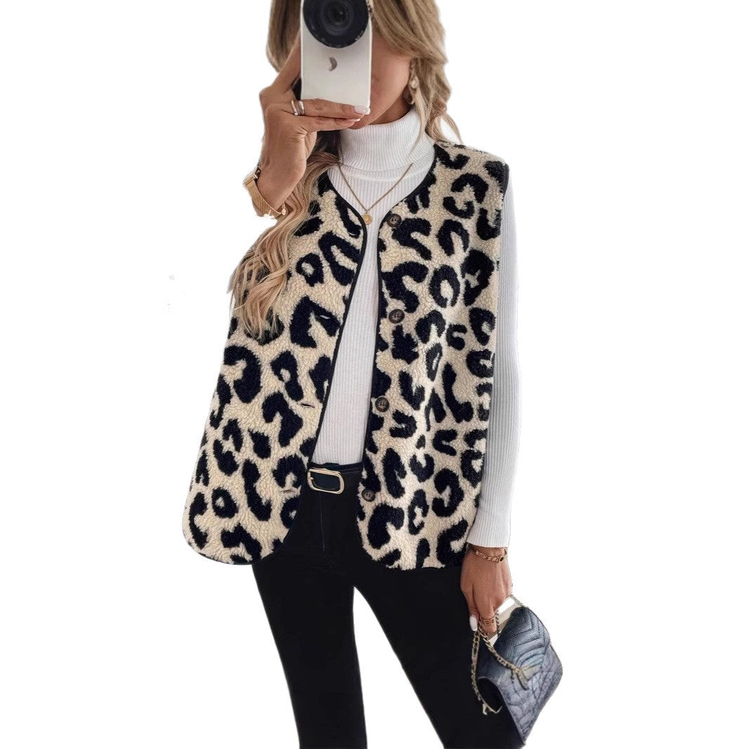 Leopard Print Front Button Plush Fashion Women's Vest