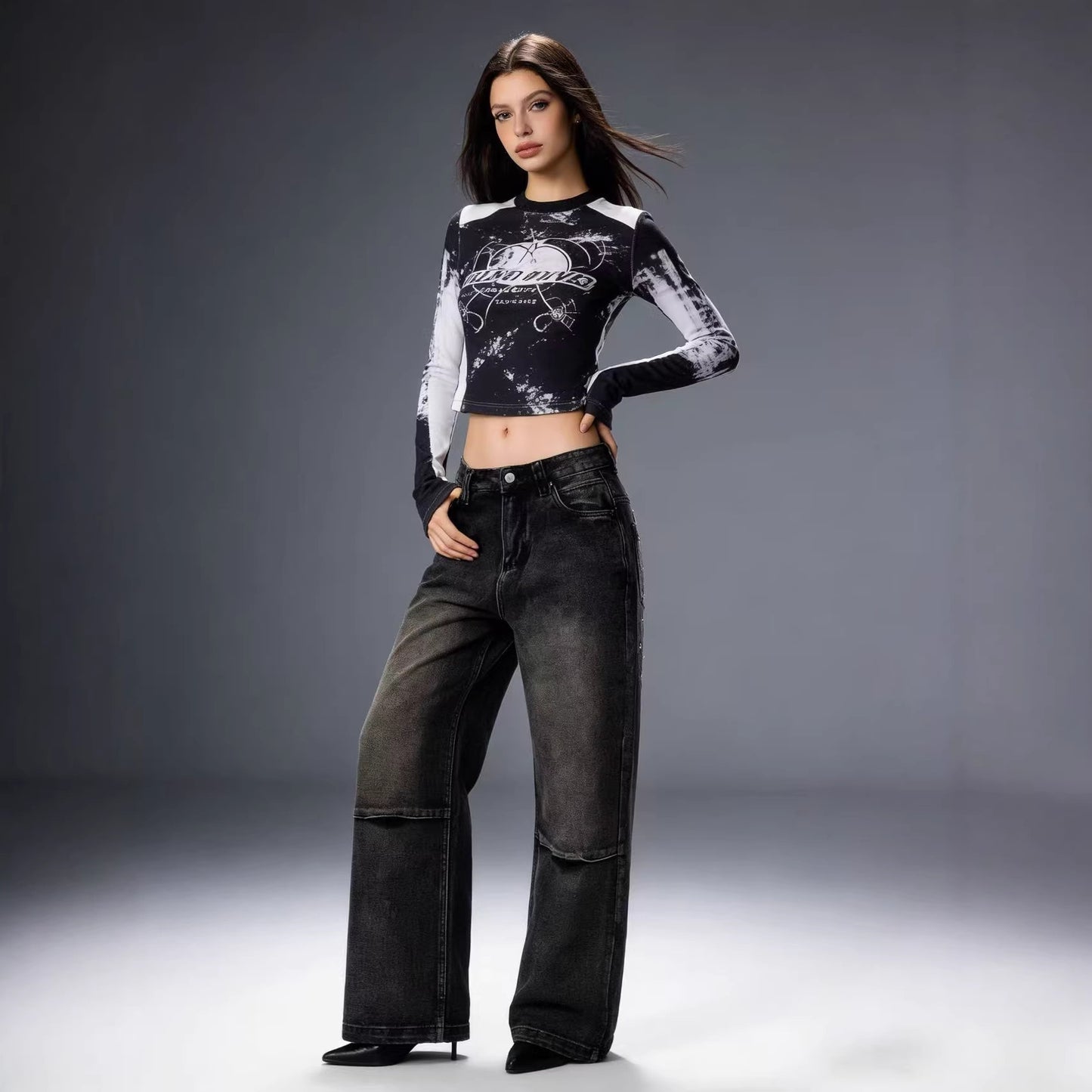 Women's Source Washed Distressed Gradient Wings Printing Retro Loose Women's Jeans
