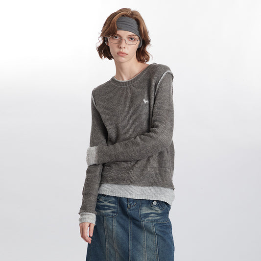 Women's Color Pullover Round Neck Stitching Design Knitted Sweaters