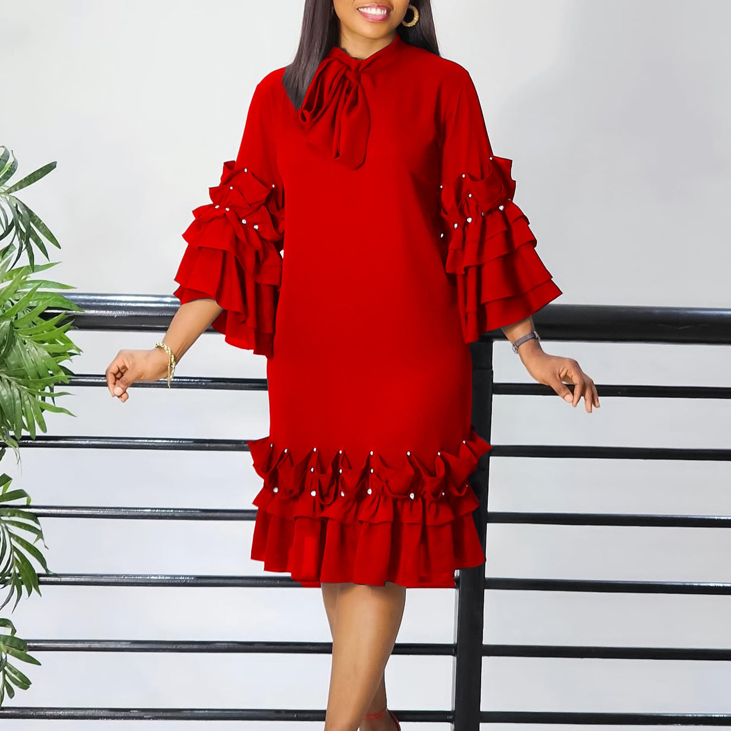 Women's Fashionable Elegant Ruffled Flared Sleeve Loose Dress