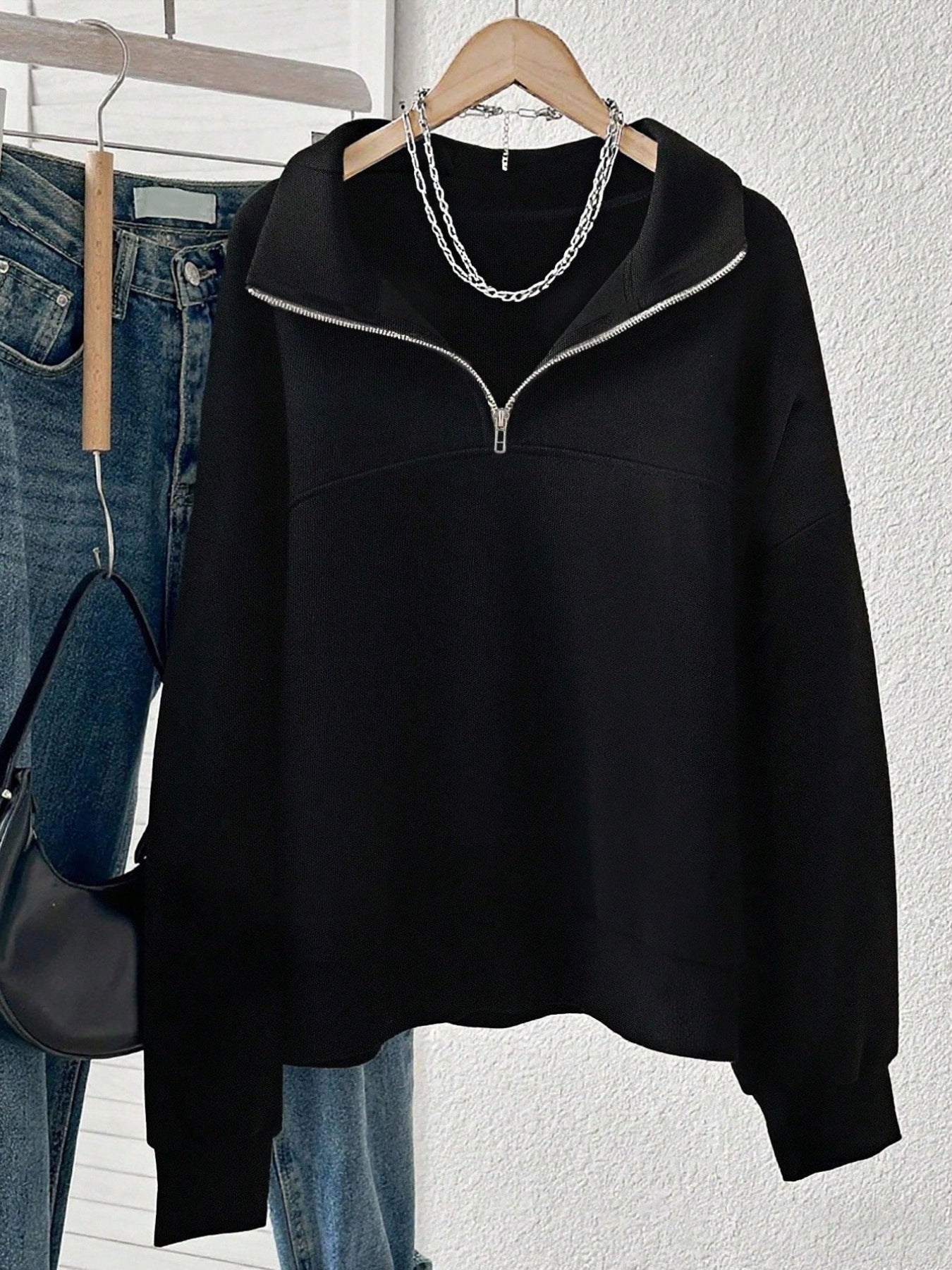 Solid Color Fleece Lapel Half Zipper Fashion Women's Sweater, Sweater