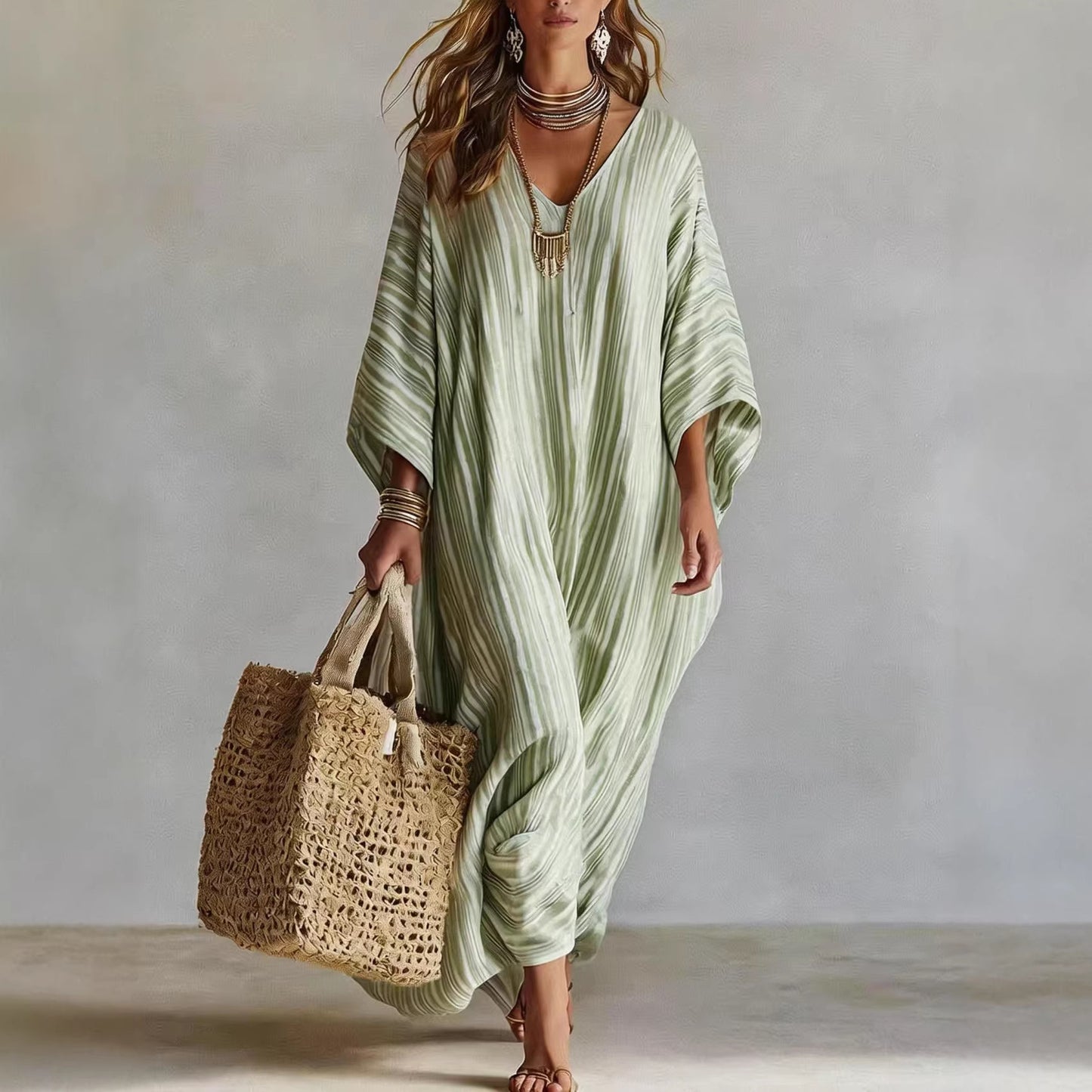 Women's Summer Digital Printed Half Sleeve Kraft Tan Dress