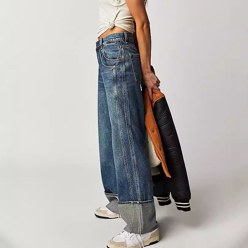 Women's American Style Retro Washed Figure Flattering Curling Loose Women's Jeans