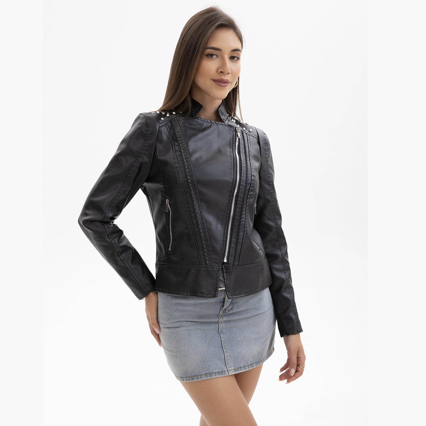 Women's European Beaded Leather Long-sleeved Fashion Lapel Clothing