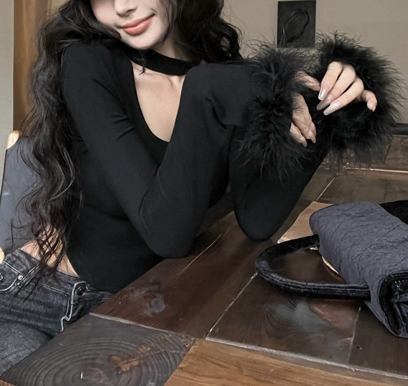 Winter Pure Sexy Hot Style Plush Stitching Collar T-shirt Blouses