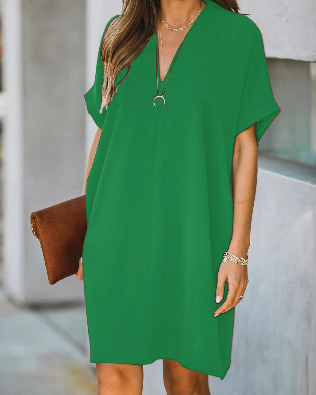 Solid Color Short-sleeved Stitching Seersucker High Waist Dress