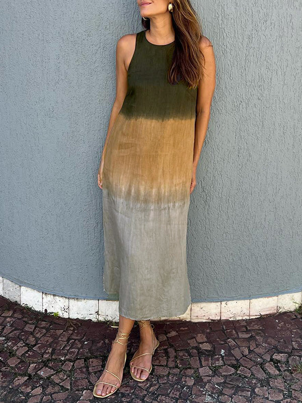 Women's Summer Casual Cotton Linen Sleeveless Slit Dress