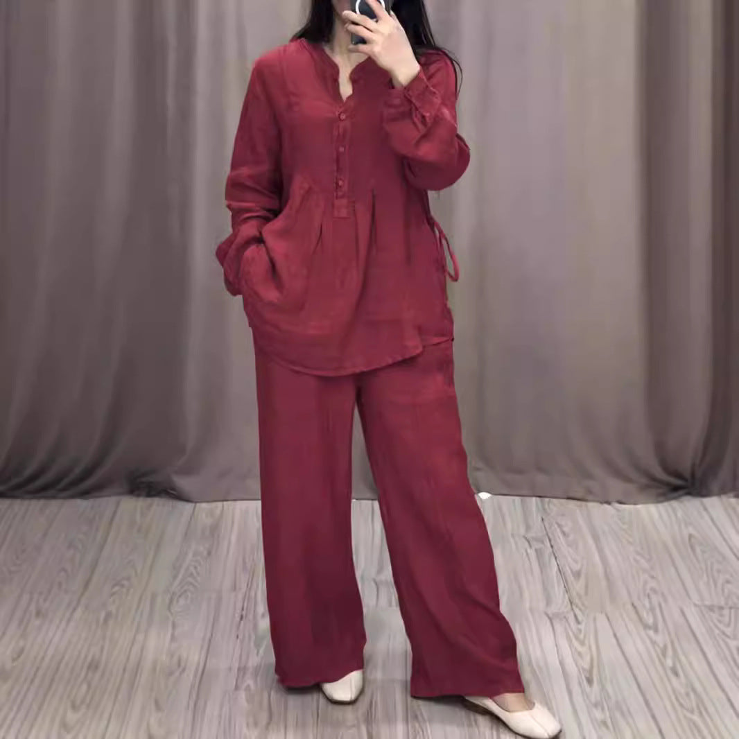 Autumn Comfortable Cotton Linen Long Sleeve Half Pleating Fashion Casual Suit