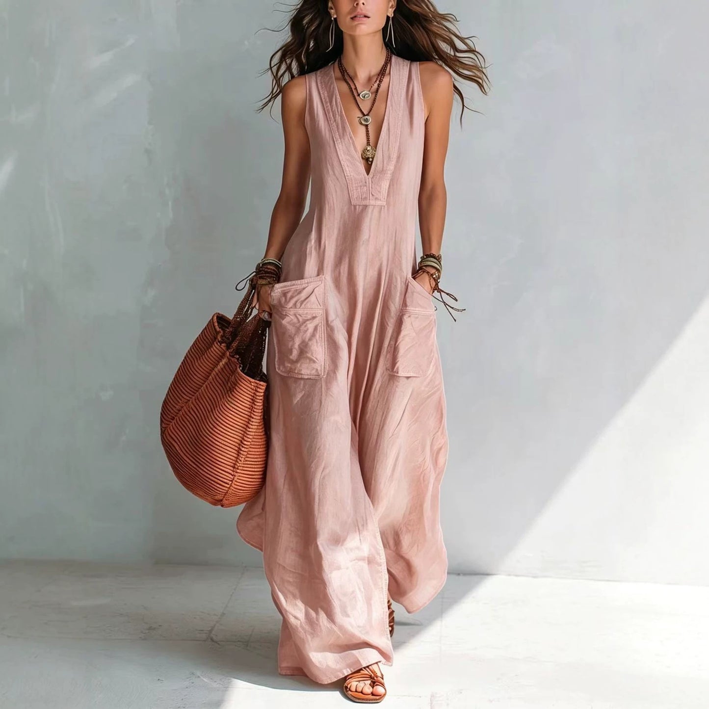 Solid Color Temperament Large Loose Pockets Jumpsuits
