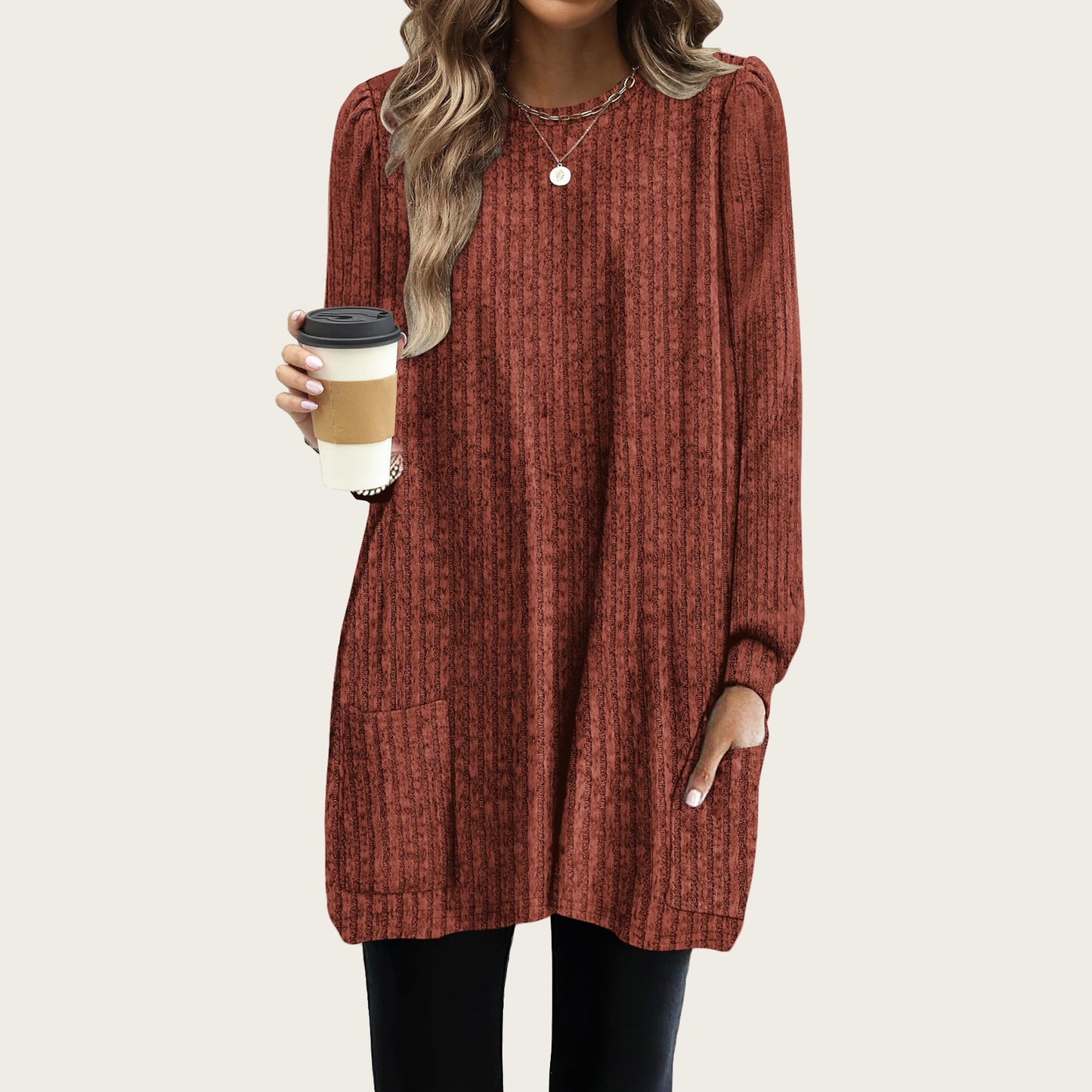 Pocket Lengthened Loose Casual Bubble Long-sleeved Women's T-shirt