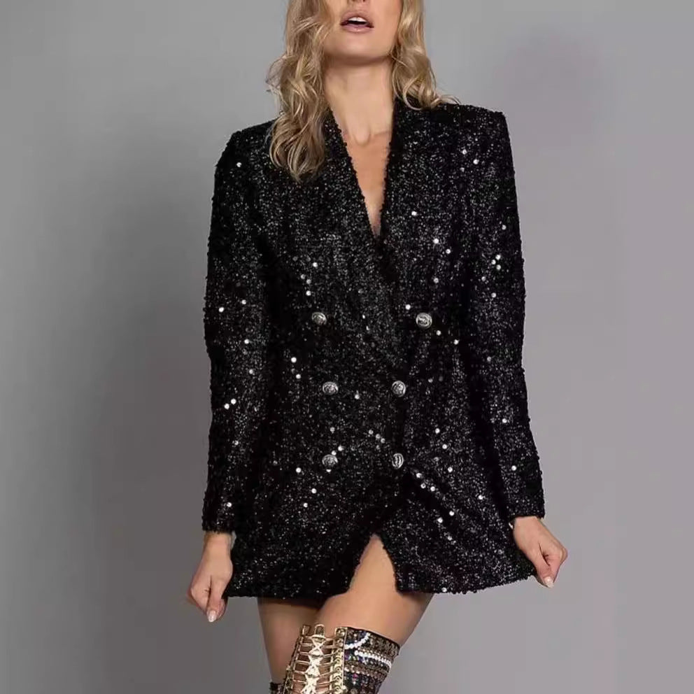 Double Breasted Black With Paillettes Slim Jackets