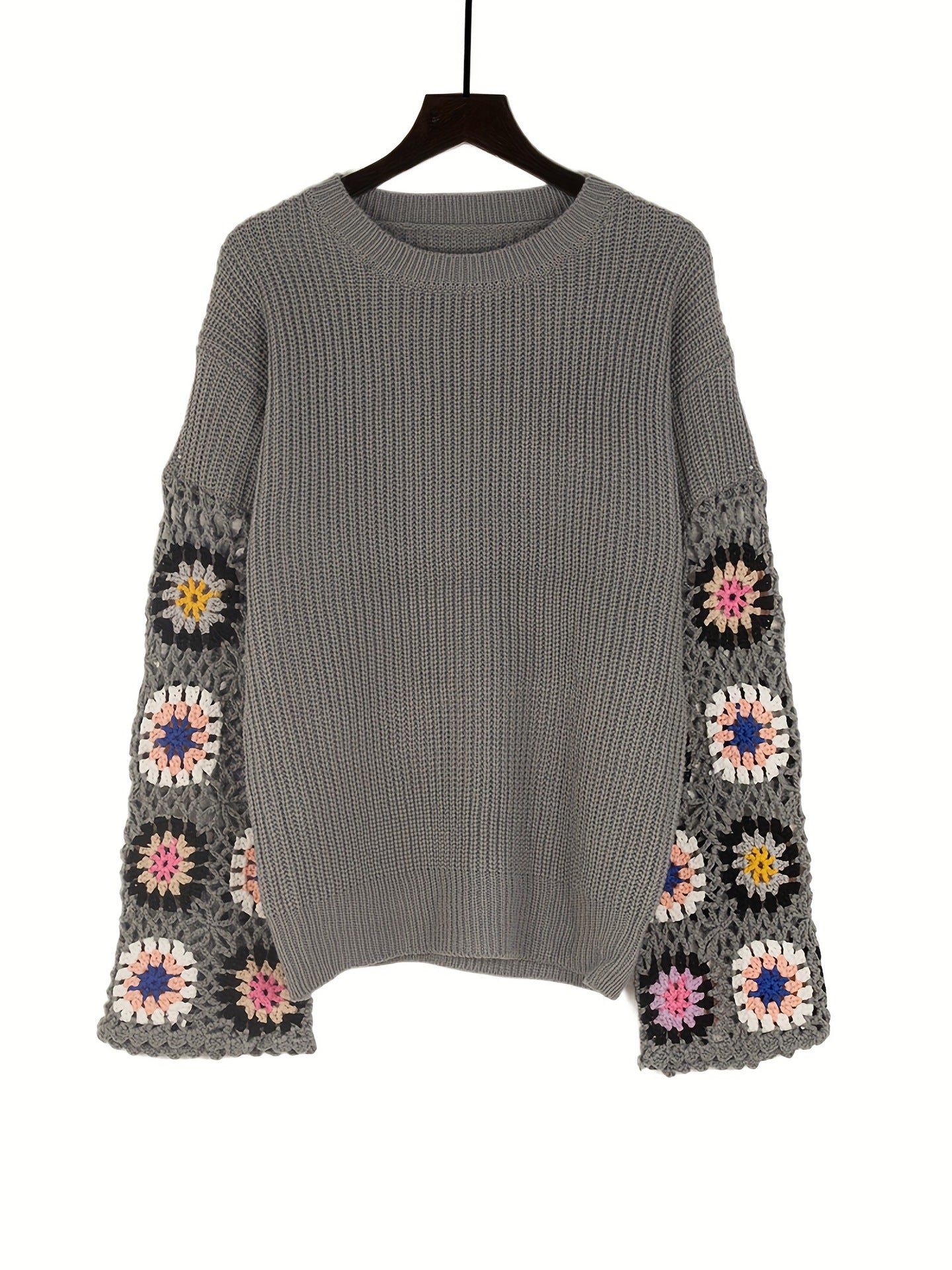 Women's Hollow Mixed Color Crocheted Round Neck Sweaters